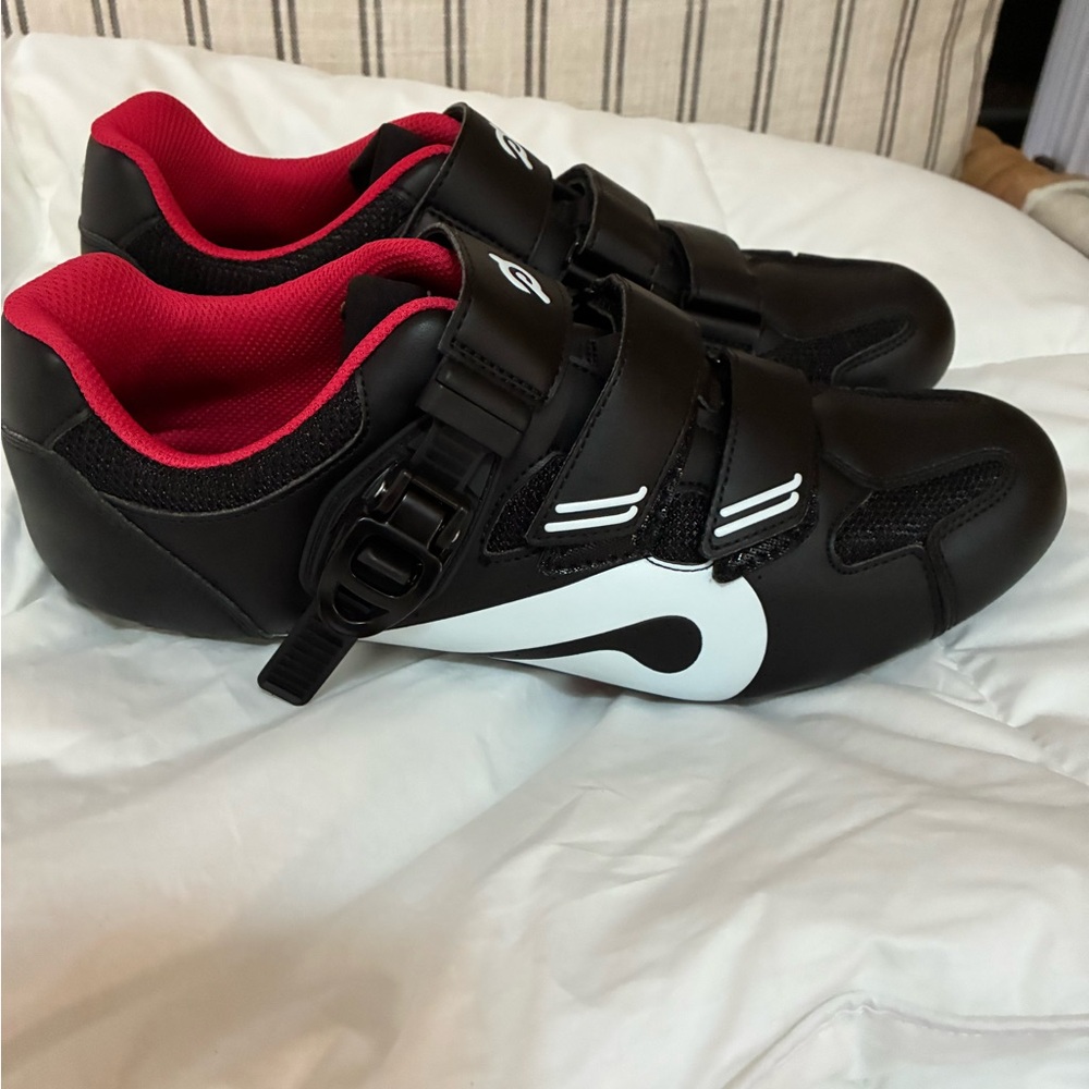 Peloton Black Cycling Shoes with White and Red Highlights